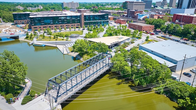 Wells Street Bridge in daytime from Northwest corner aerial towards Promenade Park