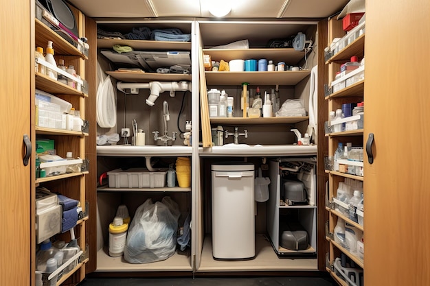 A wellstocked cleaning closet with shelves of supplies and tools created with generative ai