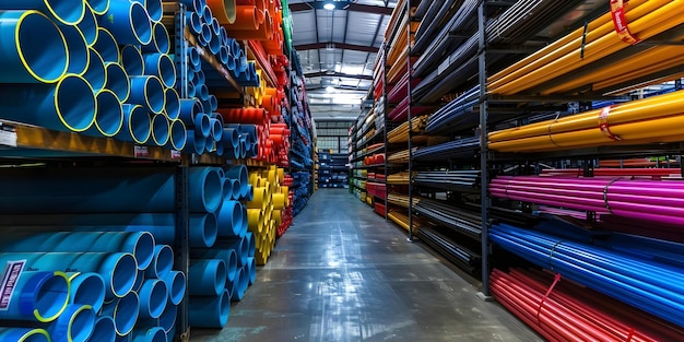Photo wellstocked construction supply shop featuring neatly arranged plumbing pvc and water pipes concept construction supplies plumbing pvc water pipes neat organization