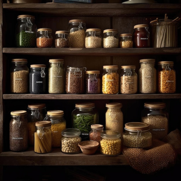 Photo a wellstocked pantry featuring various grains canned goods and other staples