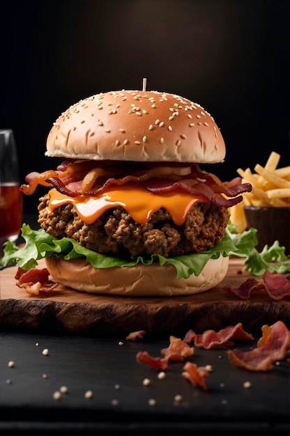 a wellstuffed hamburger with bits of bacon floating on a cutting board with a dark background