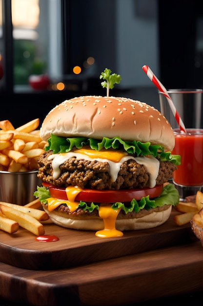 a wellstuffed hamburger with bits of bacon floating on a cutting board with a dark background