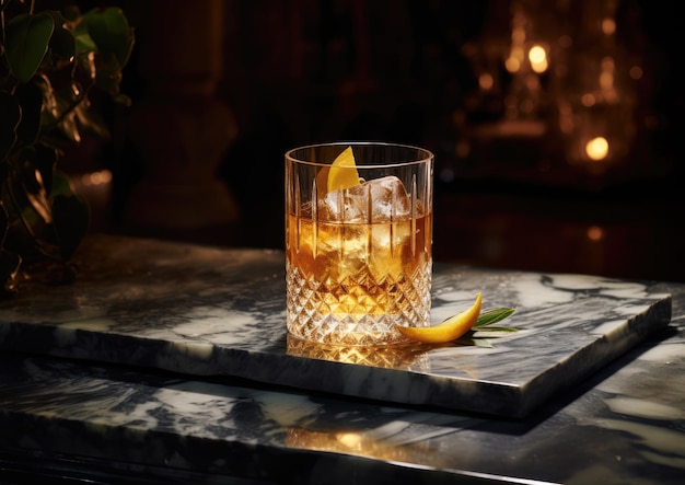 Photo a wellstyled whiskey smash cocktail served on a marble bar exuding elegance and sophistication