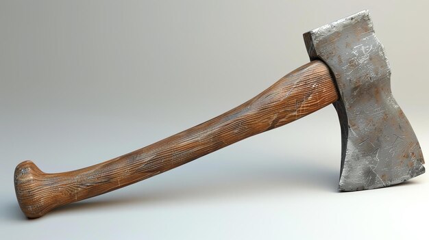 A wellused axe with a wooden handle and a metal blade The axe is lying on a white surface The handle is made of wood The blade is made of metal