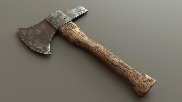 A wellused axe with a wooden handle and a metal blade The axe is old and has been used for many years The blade is rusty and the handle is worn