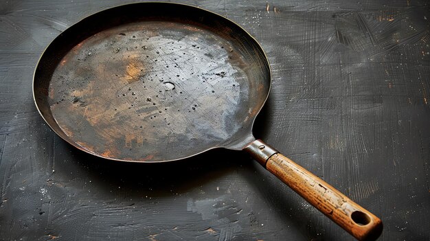 Photo wellused cast iron frying pan with wooden handle on a dark wood background