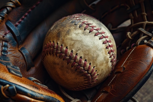 Photo wellworn baseball glove with playing ball generate ai