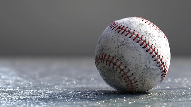 湿ったコンクリートの表面に着用された野球が座っていますボールは磨かれて汚れていて赤い縫い目が消えています