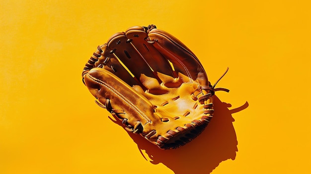 Photo wellworn brown leather baseball glove on a bright yellow background the glove is in the center of the image and is facing the viewer