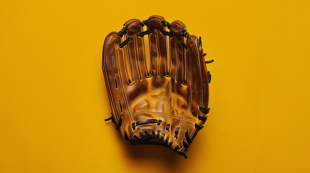 Photo wellworn brown leather baseball glove on a bright yellow background the glove is open and facing the viewer