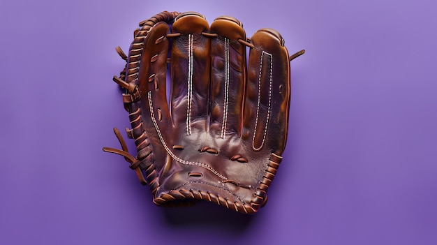 Photo wellworn brown leather baseball glove on a purple background the glove is open and facing the viewer