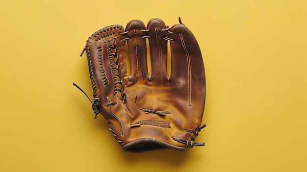 Photo wellworn brown leather baseball glove on a yellow background the glove is open with the fingers pointing upwards