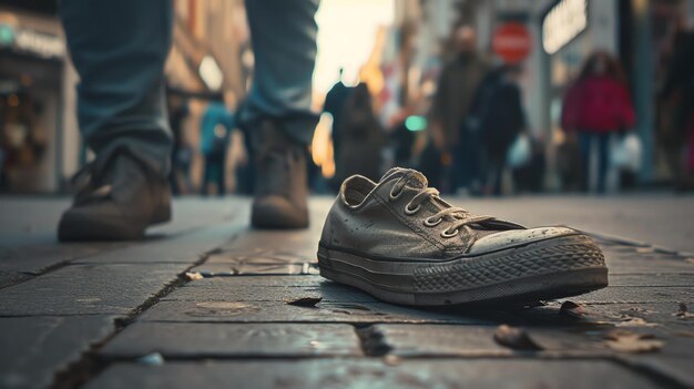 Photo a wellworn sneaker lies abandoned on the busy city street the sneaker is aconverse allstar the laces are untied the sole is dirty and scuffed