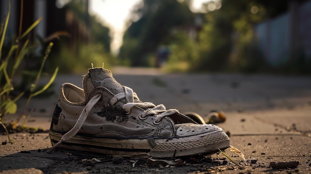 Photo a wellworn sneaker lies discarded on the pavement the sneaker is old and dirty with a hole in the toe and the laces untied