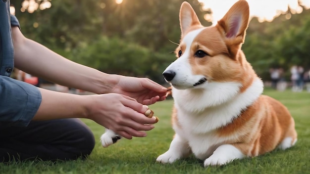 ウェールズのコルギー犬が公園の外で飼い主に撫でられている赤と白の色のコルギー