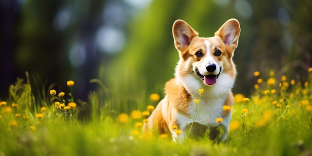 Welsh Corgi Dog on Grass Background Portrait of Cute Dog in The Park Generative AI