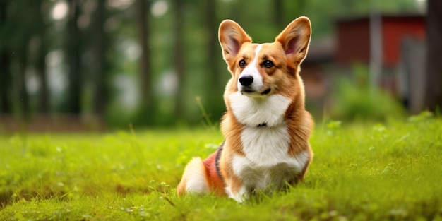 Welsh Corgi Dog op gras achtergrond Portret van schattige hond in het park Generatieve AI