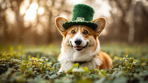 Welsh corgi hond in een groen leprechaun kostuum