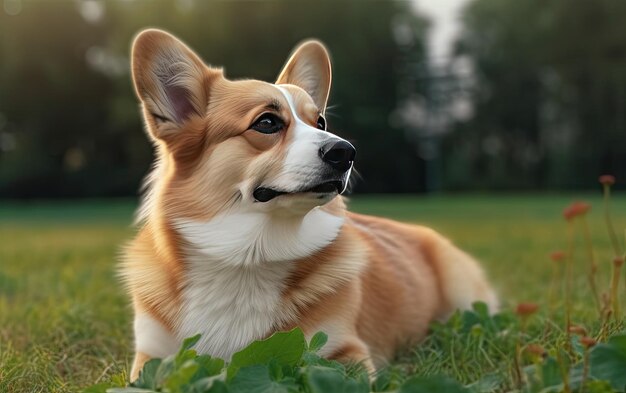 Photo welsh corgi is sitting on the grass in the park professional advertising post photo ai generated