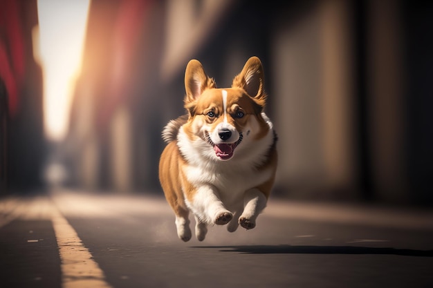 Welsh corgi pembroke dog running outdoors realistis ilustration Generative AI