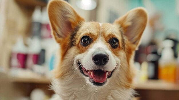 Welsh Corgi pembroke at the grooming salon Grooming procedures for dog Bath interior