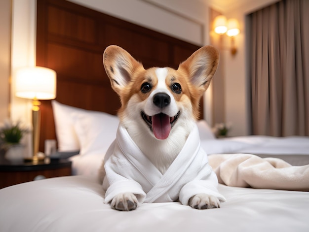 Welsh corgi pembroke hond in een verzorgingssalon na een douche gewikkeld in een handdoek Gelukkige corgi hond in een badjas die op het bed rust na een bad in een luxe hondensalon of hondenhotel Leuke hond na een douch AI