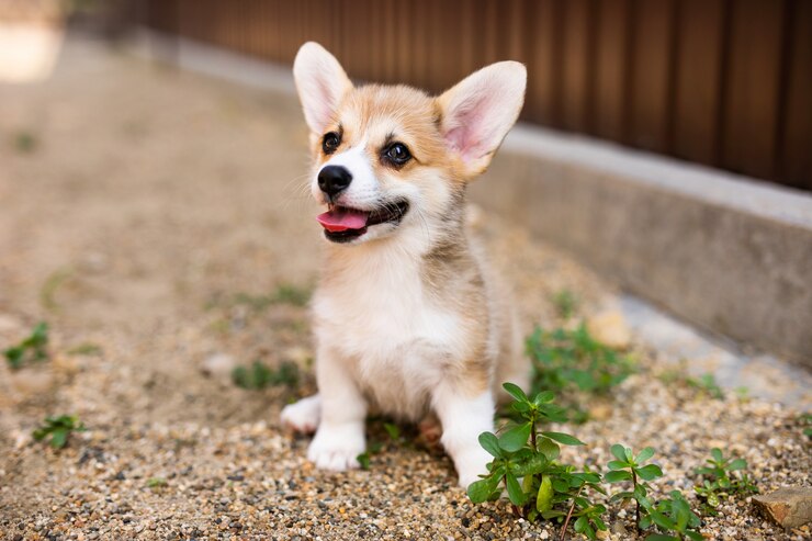 Photo welsh corgi pembroke puppy playing in the yard