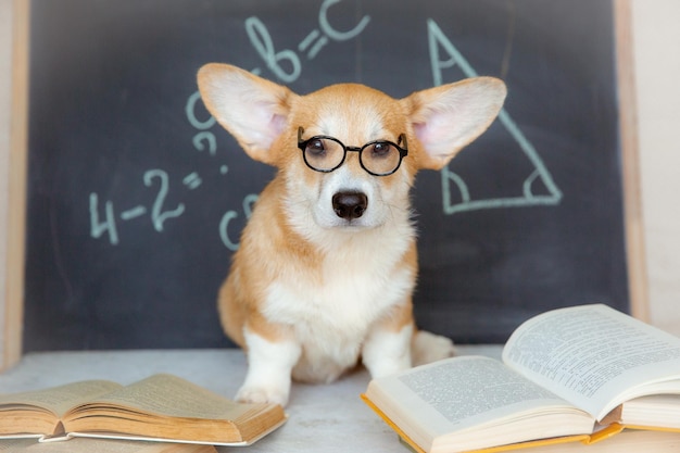 Welsh corgi puppy student met bril in de buurt van het bord het concept van onderwijs