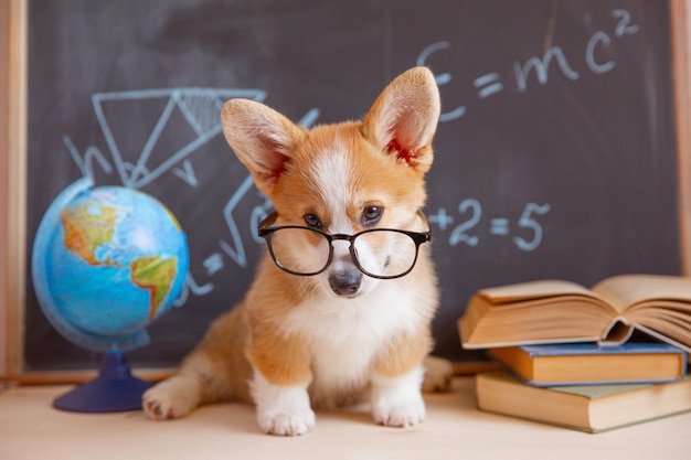 Welsh corgi puppy student with glasses on the background of a blackboard with books