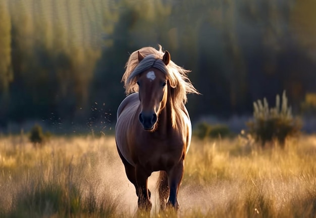 Welsh pony running and standing in high grass long mane brown horse galloping brown horse