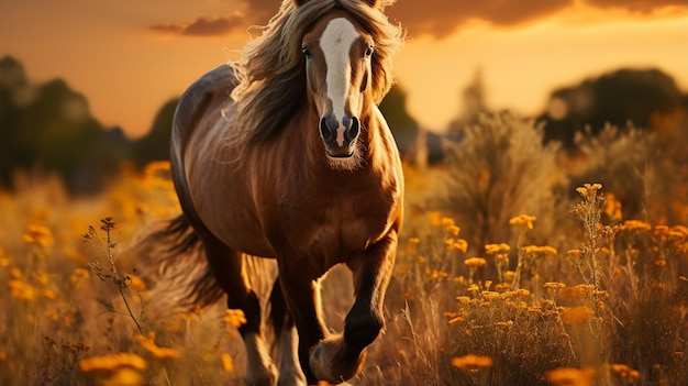 웨일스 말 (Welsh pony) 은 높은 잔디에서 달리고 서있는 긴 머리 갈색 말 (brown horse) 을 <unk>다.