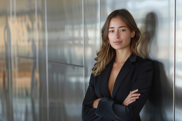 welvarende zaken elegante vrouw houdt handen gekruist heeft serieuze uitdrukking