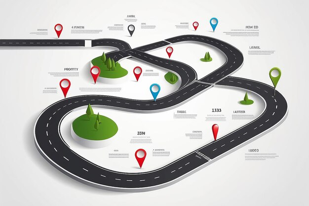 Foto wendige weg op een witte geïsoleerde achtergrond weg locatie infografische sjabloon met pinpointer