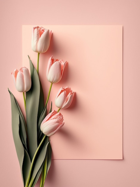 Wenskaart roze tulp bloemen op roze achtergrond met kopieerruimte Generatieve AI