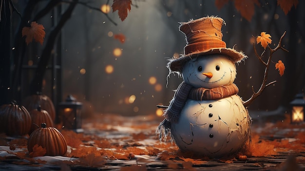 wenskaart voor halloween met een sneeuwpop kopieerruimte in het herfstpark koude halloween herfst november