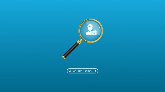 were hiring a red vector banner employee vacancy announcement with a magnifying glass on a blue