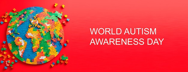 Wereld Autisme Awareness Day bannerEen abstract model van de aarde gemaakt van een verscheidenheid aan kleurrijke puzzels Hoogwaardige foto