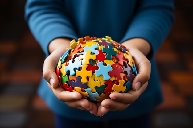 Wereld Autisme Awareness Day de handen van een klein kind met kleurrijke puzzels op blauwe achtergrond