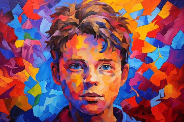 Foto wereld autisme awareness day levendig portret van een jongen gemaakt van kleurrijke puzzels