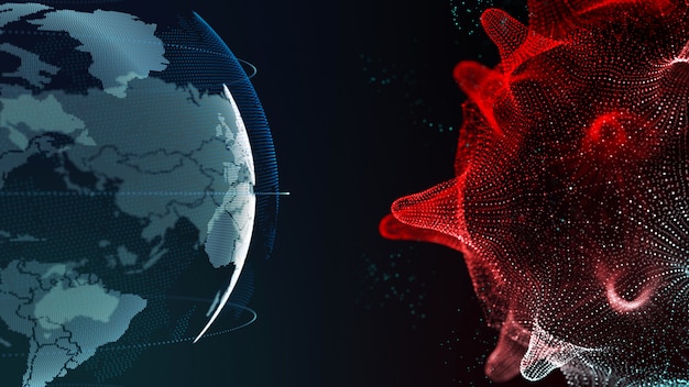 Wereld- en coronavirus 3D-weergave van celmicro, covid-19