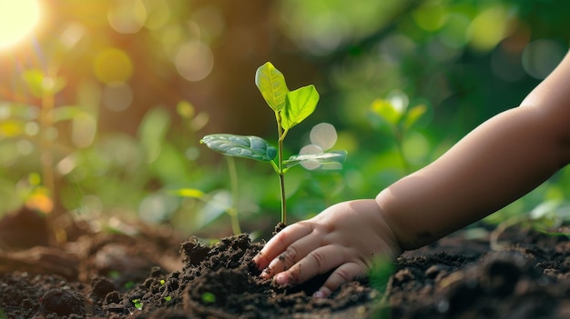 Wereld Milieudag Concept Hand van Aziatische schattig klein vrolijk kind jongen planten jonge boom op zwarte bodem op groene tuin achtergrond