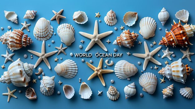 Wereld Oceaandagconcept met schelpen en zeesterren