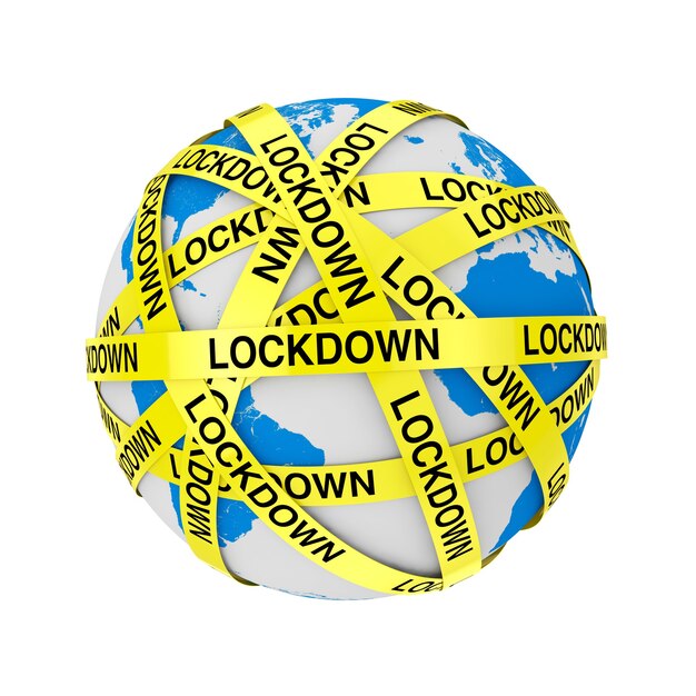 Wereld Quarantaine Concept. COVID-19 Lockdown gele tape strips rond Earth Globe op een witte achtergrond. 3D-rendering