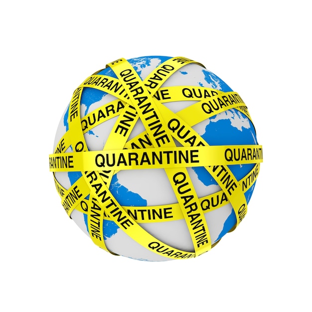 Wereld Quarantaine Concept. Quarantaine gele tape strips rond Earth Globe op een witte achtergrond. 3D-rendering