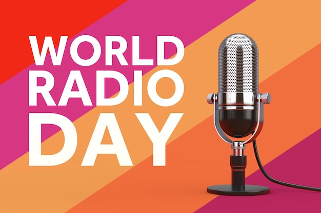 Wereld Radio Dag Concept Vintage Radio Station Microfoon met Radio Dag Teken op een veelkleurige achtergrond 3D-Rendering