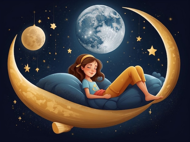 Wereld Slaapdag concept een schattige tiener of pre-tiener meisje rusten op een halve maan