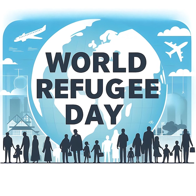 Foto wereld vluchtelingendag een poster met een cirkel van mensen en een aardbol met de tekst werelddag