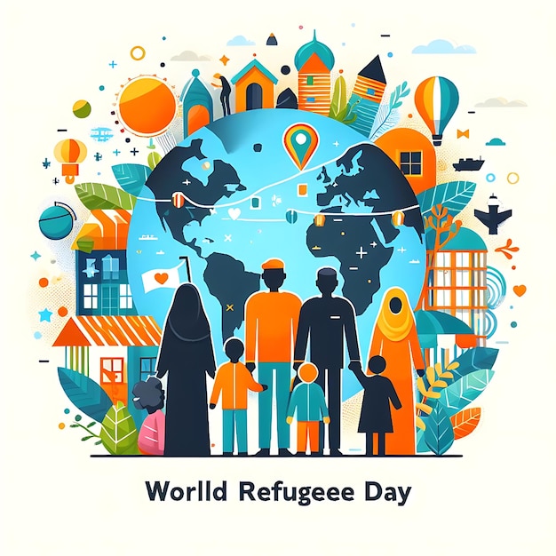 wereld vluchtelingendag een poster van een werelddag met mensen en een aardbol met mensen in het midden