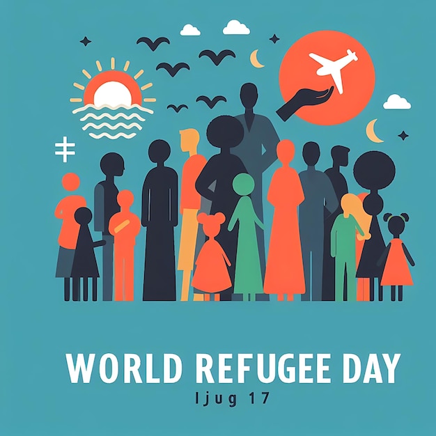wereld vluchtelingendag een poster voor werelddagviering met mensen en vliegtuigen die in de lucht vliegen