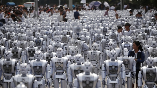 Wereldbevolkingsdag Groep van chroomrobots grijze achtergrond AI gegenereerd